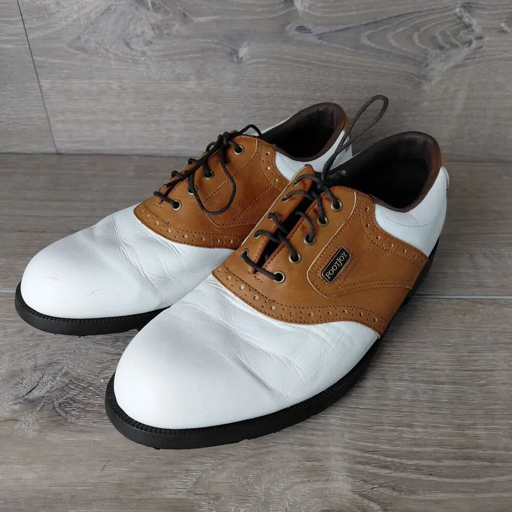 Footjoy Dryjoy Golf Shoes Men 9 White Brown Leather Saddle Waterproof Soft Spike